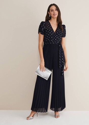 Phase Eight Molli Spot Pleated Jumpsuit Navy USA | 4189307-MY